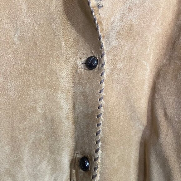 Vintage Womens Tan 100% Leather Faux Fur Trim Patchwork Penny Lane Coat Large - Picture 7 of 8